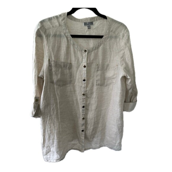 JM Collection Petite 100% Linen Mandarin Band Collar Button Down Shirt 14 - Picture 1 of 7